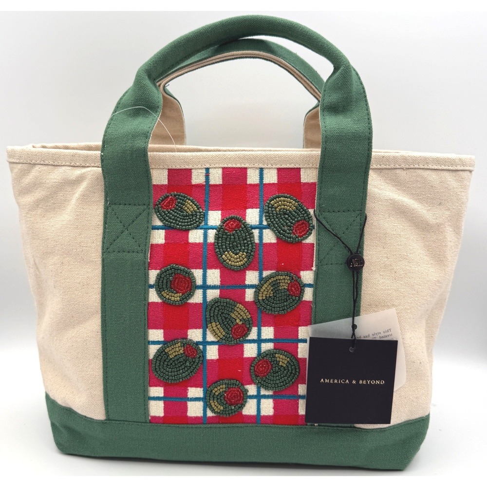 America‎ & Beyond Beaded Olive Canvas Boat Tote Italian Picnic Market Bag NEW
